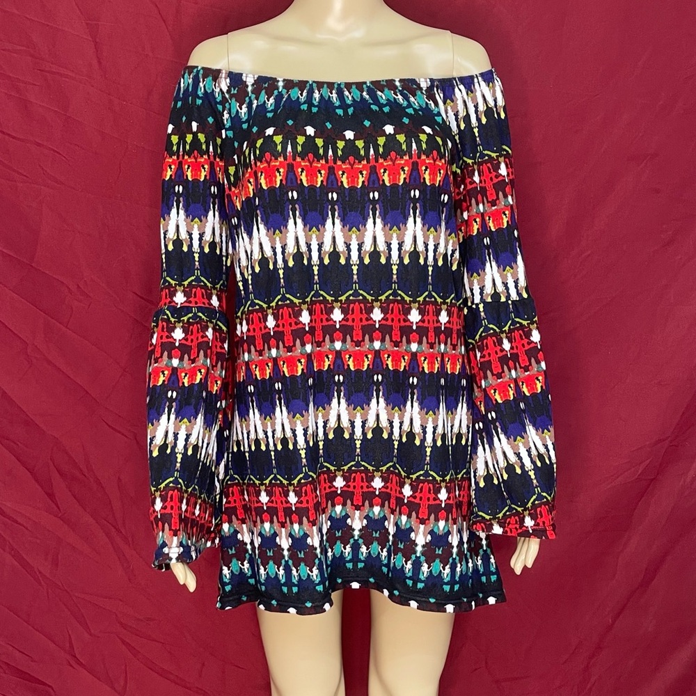Win Win On/Off Shoulder Bell Sleeve Tunic Abstract Floral Size S/M
